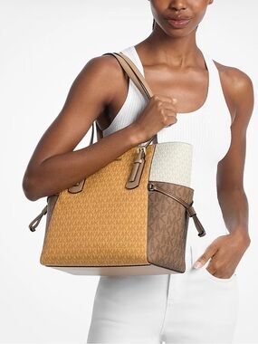 Michael Kors Voyager Large Color-Block Signature Logo Tote Bag